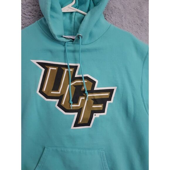 UCF Hoodie Mens Medium Champion Fleece Teal Spellout Logo Sweatshirt Drawstring - Picture 4 of 9